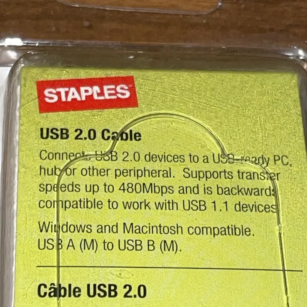 NIP Staples Brand USB 2.0 Cable 6 Ft USB A To USB B Windows/Mac Up To 480 Mbps